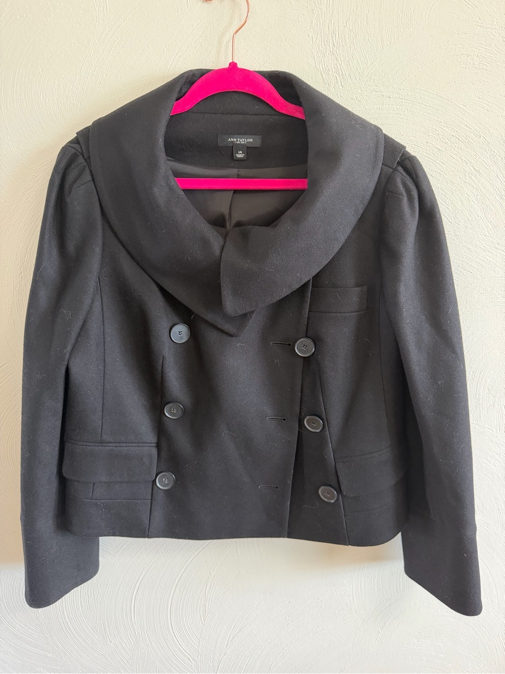 Ann Taylor Black Pea Coat Size 14 with Button Cuff Detail